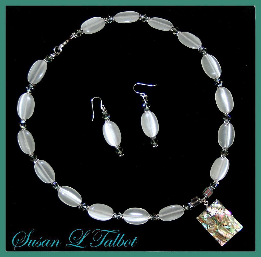 Necklace & Earrings, White Optic Oval Beads, Swarovski Crystals, and Sterling Clasp Necklace & Earrings, White Optic Oval Beads, Swarovski Crystals, and Sterling Clasp
