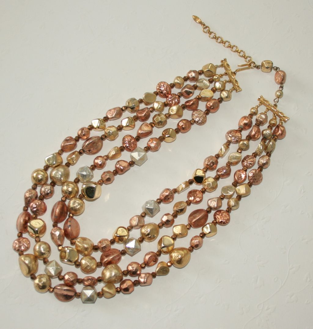 50% Off - Hattie Carnegie Four Strand Necklace, Metallic Coated Beads in Goldtone and Coppertone 50% Off - Hattie Carnegie Four Strand Necklace, Metallic Coated Beads in Goldtone and Coppertone