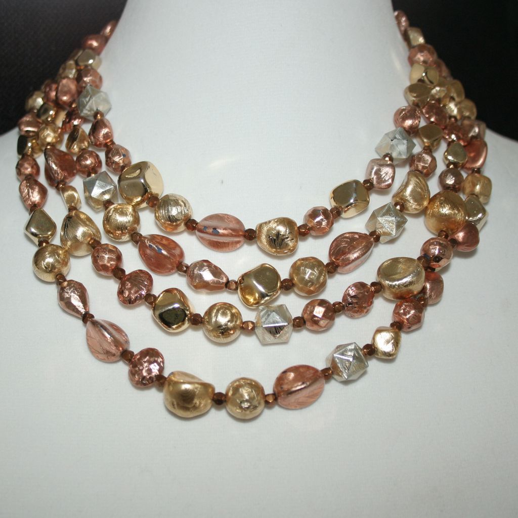 50% Off - Hattie Carnegie Four Strand Necklace, Metallic Coated Beads in Goldtone and Coppertone 50% Off - Hattie Carnegie Four Strand Necklace, Metallic Coated Beads in Goldtone and Coppertone