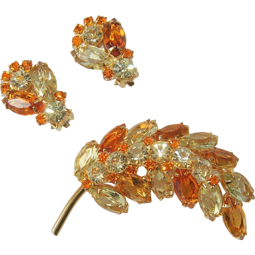 Sparkling Citrussy Rhinestone Demi-Parure, Brooch and Clip Earrings, Sparkling Citrussy Rhinestone Demi-Parure, Brooch and Clip Earrings,