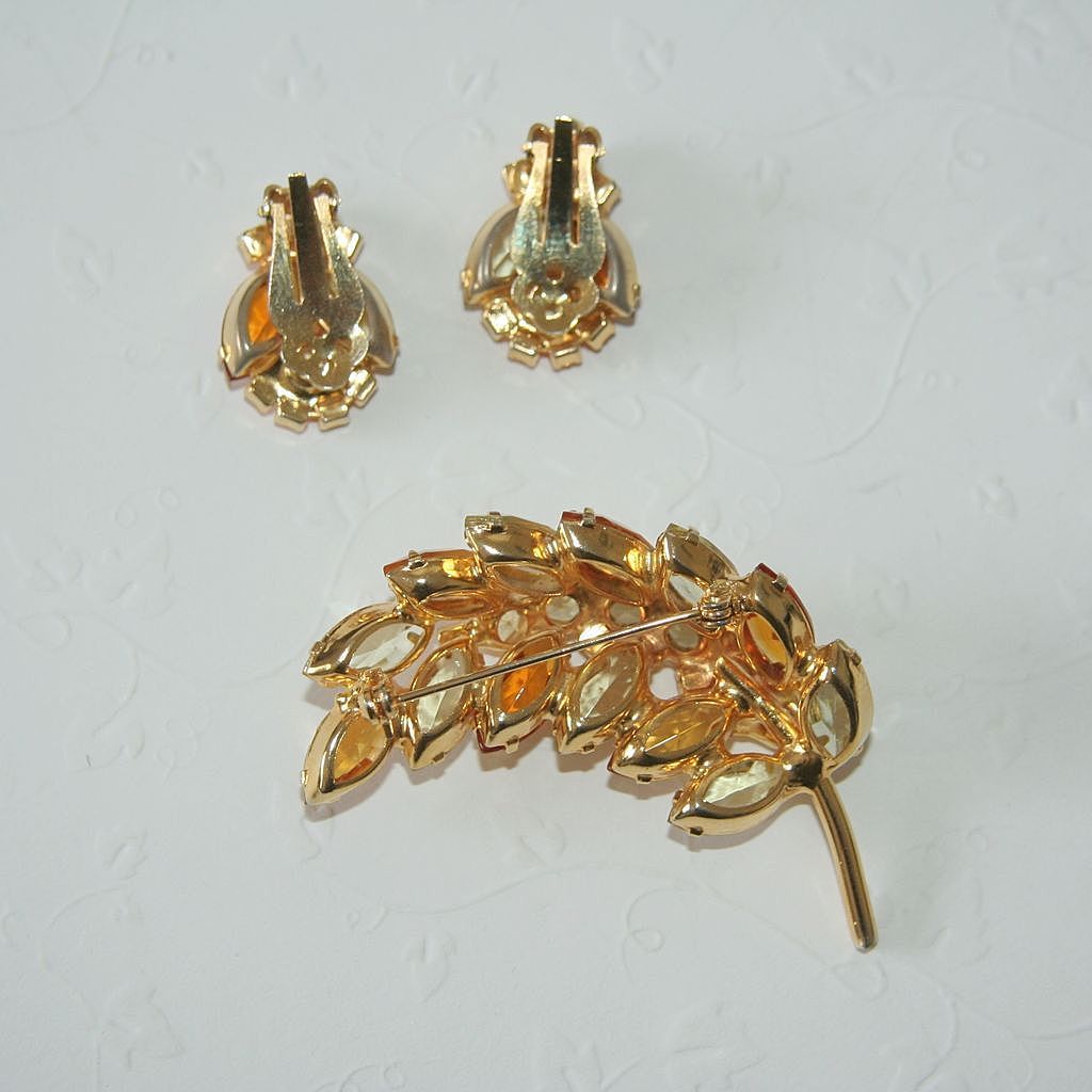 Sparkling Citrussy Rhinestone Demi-Parure, Brooch and Clip Earrings, Sparkling Citrussy Rhinestone Demi-Parure, Brooch and Clip Earrings,