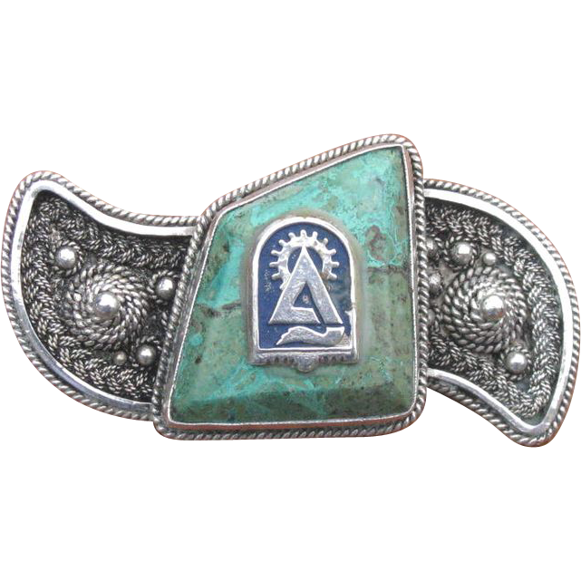 Vintage Israeli Bezalel Turquoise Sterling Silver Pin Brooch with Technion Emblem Vintage Israeli Bezalel Turquoise Sterling Silver Pin Brooch with Technion Emblem