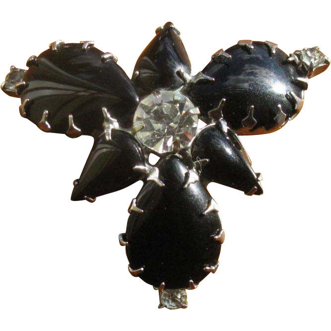 Vintage Black Glass & Rhinestone Brooch Pin Vintage Black Glass & Rhinestone Brooch Pin