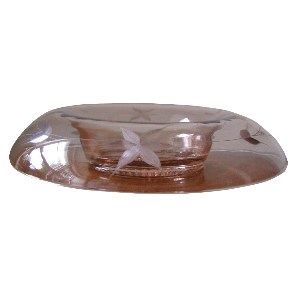 Vintage 1930's Etched Pink Floral Depression Glass Console Bowl Vintage 1930's Etched Pink Floral Depression Glass Console Bowl