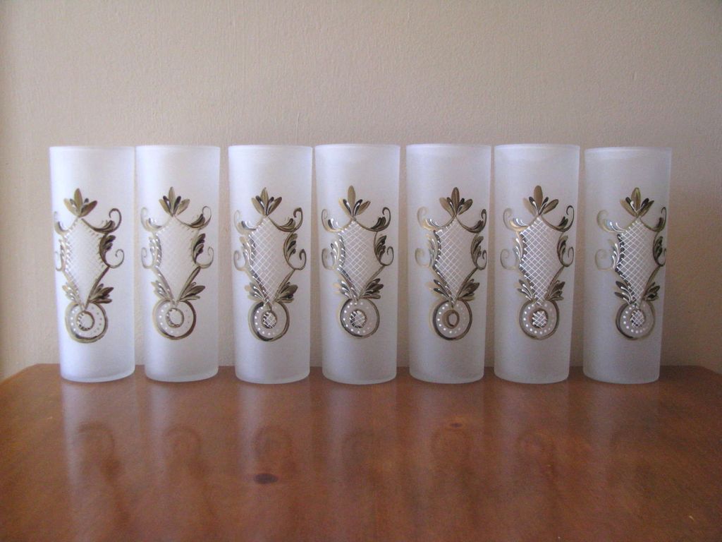 1950's Frosted Hand Painted Collins Glasses from Federal Glass - Set of 7 1950's Frosted Hand Painted Collins Glasses from Federal Glass - Set of 7