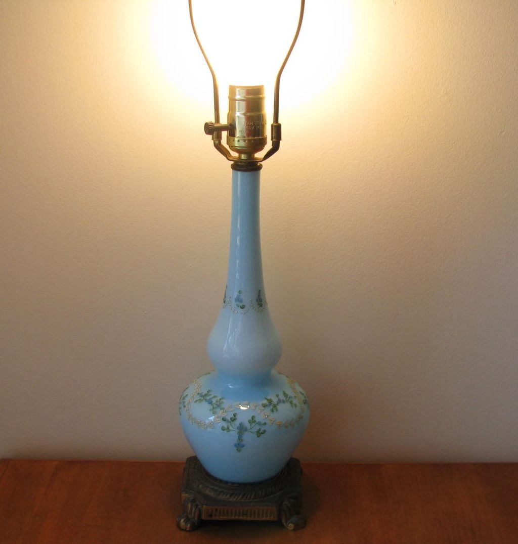 Vintage Pale Blue Floral Hand Blown Glass Table Lamp Vintage Pale Blue Floral Hand Blown Glass Table Lamp