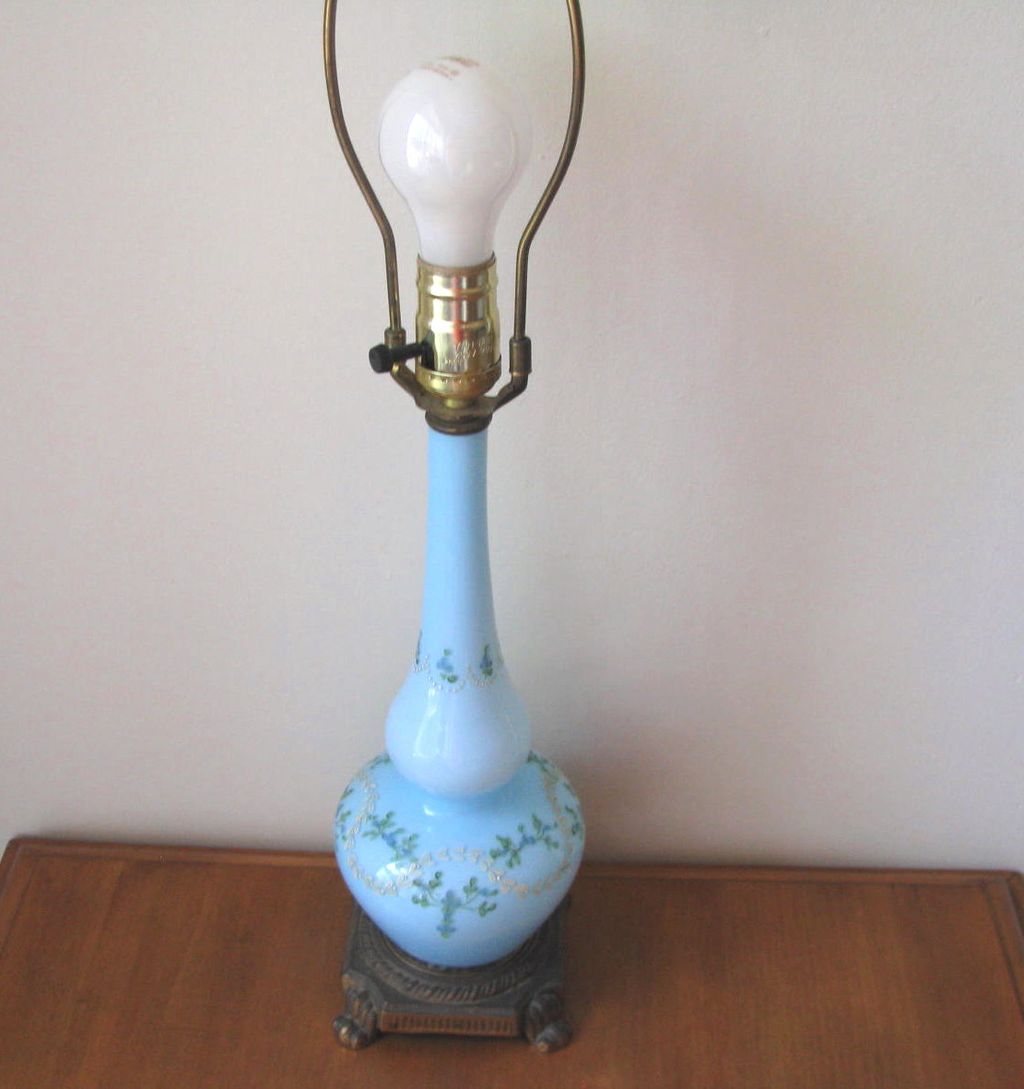 Vintage Pale Blue Floral Hand Blown Glass Table Lamp Vintage Pale Blue Floral Hand Blown Glass Table Lamp
