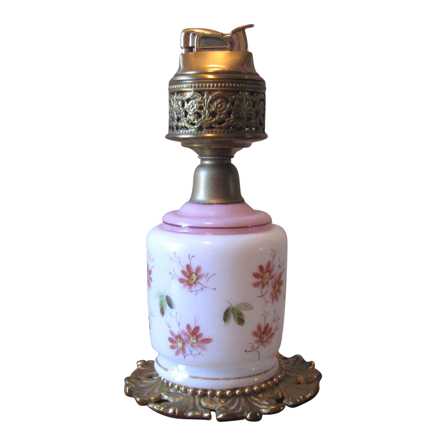Vintage Evans Pink Floral Glass and Brass Ornamental Table Lighter Vintage Evans Pink Floral Glass and Brass Ornamental Table Lighter