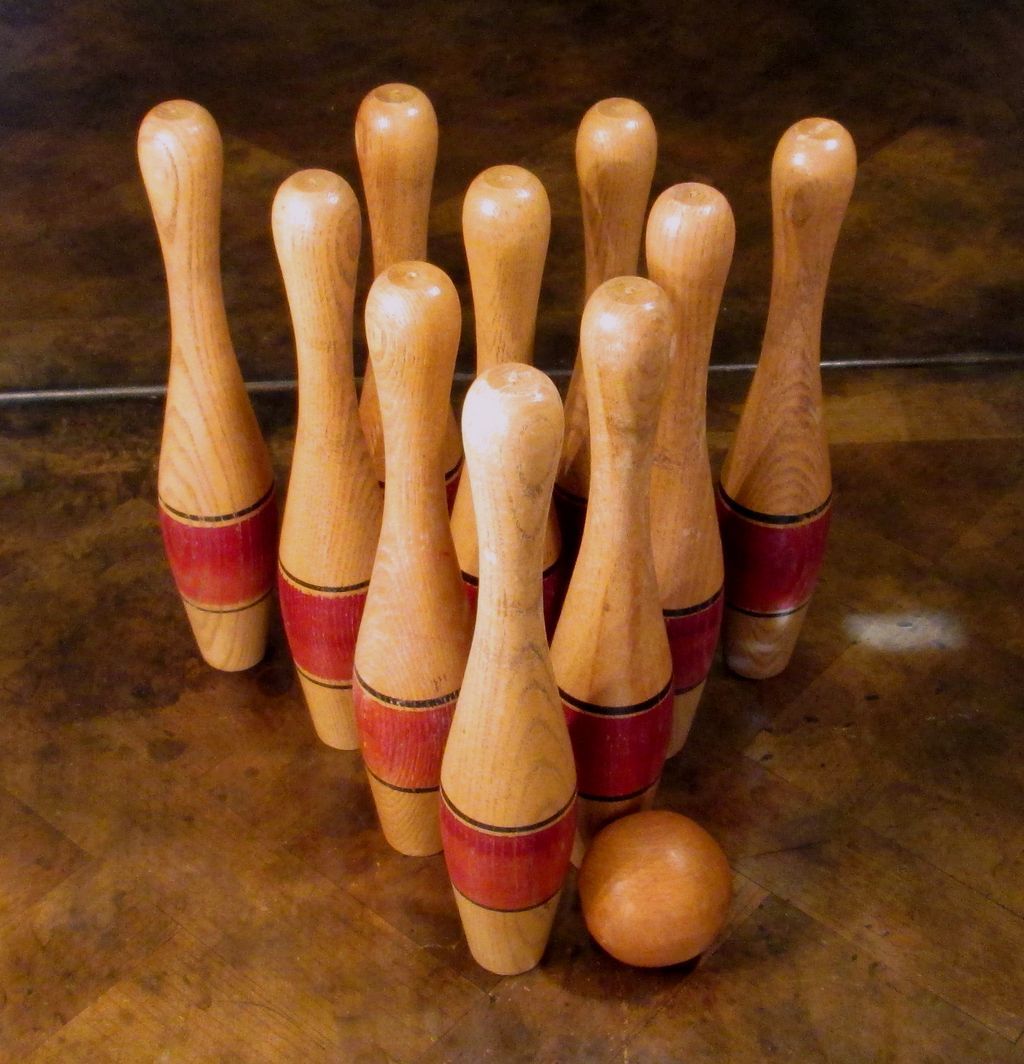 Vintage Wood Bowling Pins And Ball, Circa 1950 from ewantiques on Ruby Lane
