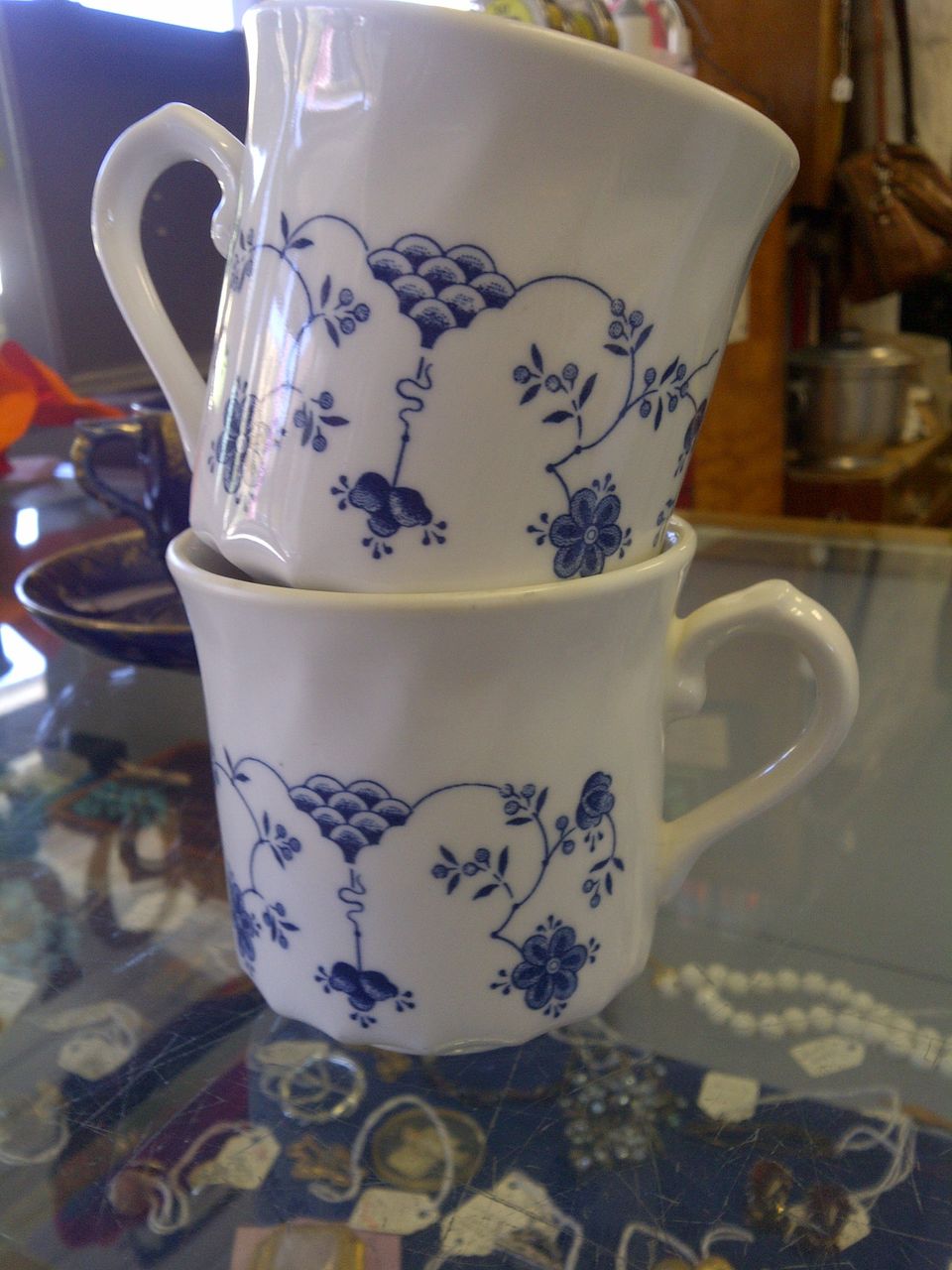2 English Deco style blue white cups mugs 2 English Deco style blue white cups mugs