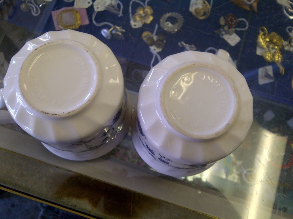 2 English Deco style blue white cups mugs 2 English Deco style blue white cups mugs
