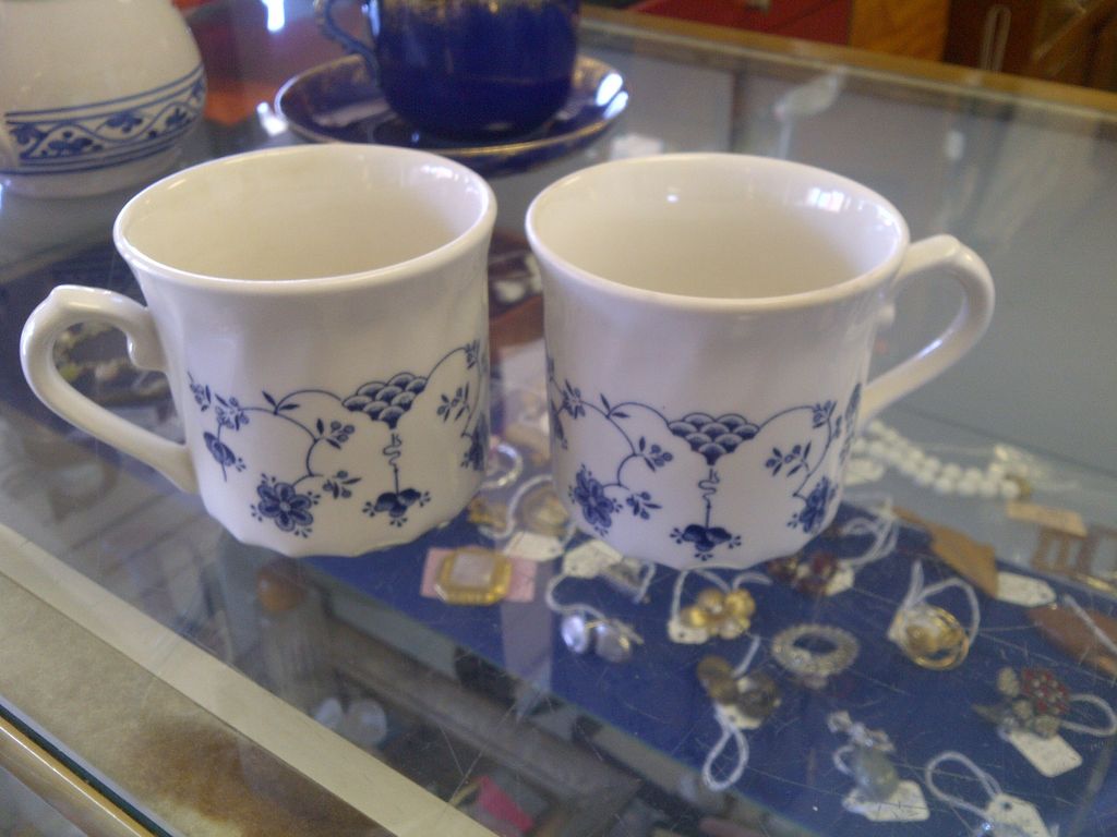 2 English Deco style blue white cups mugs 2 English Deco style blue white cups mugs