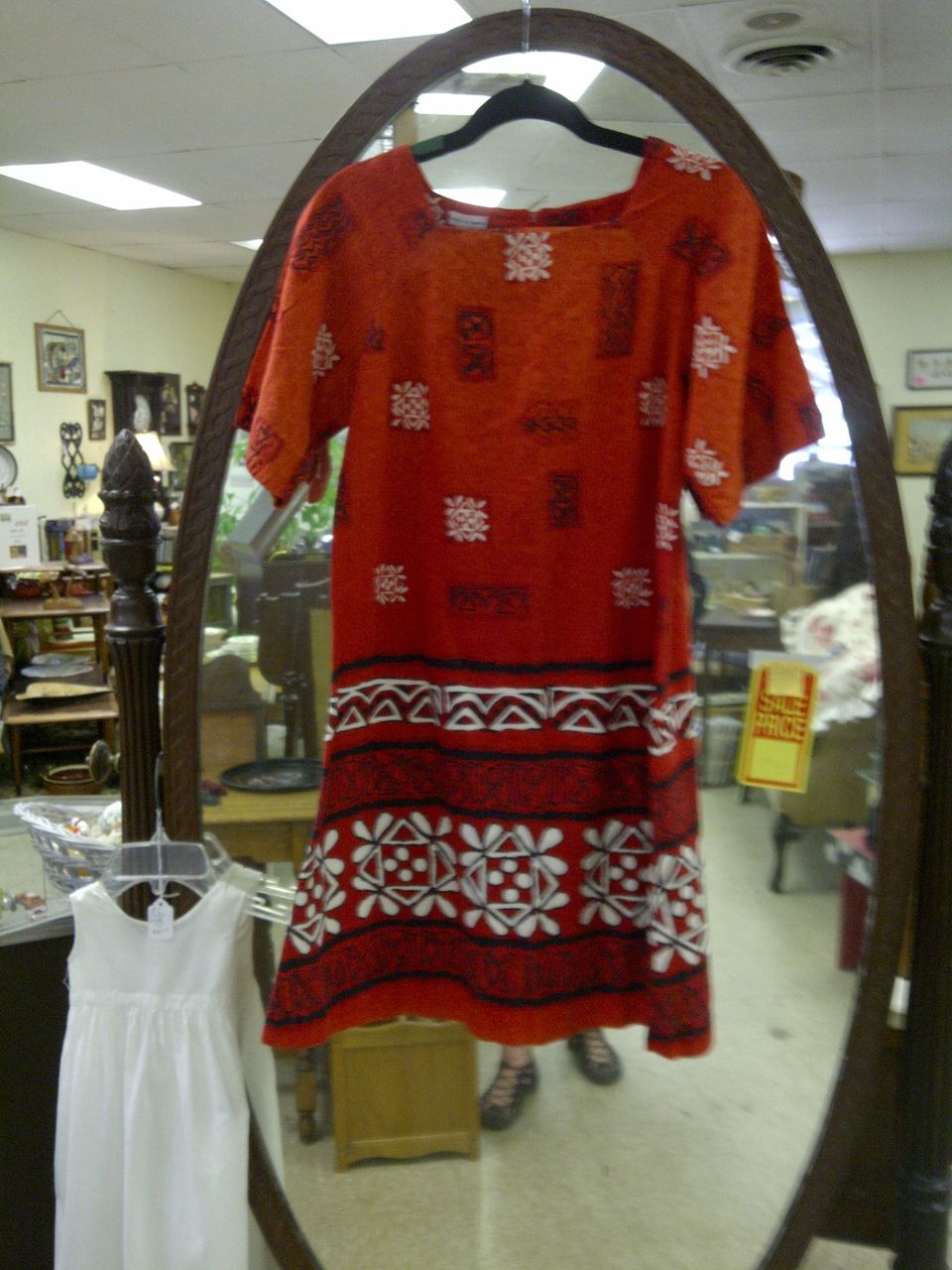 Vintage red orange white Hawaiian bark cloth dress or long top size 12 Vintage red orange white Hawaiian bark cloth dress or long top size 12