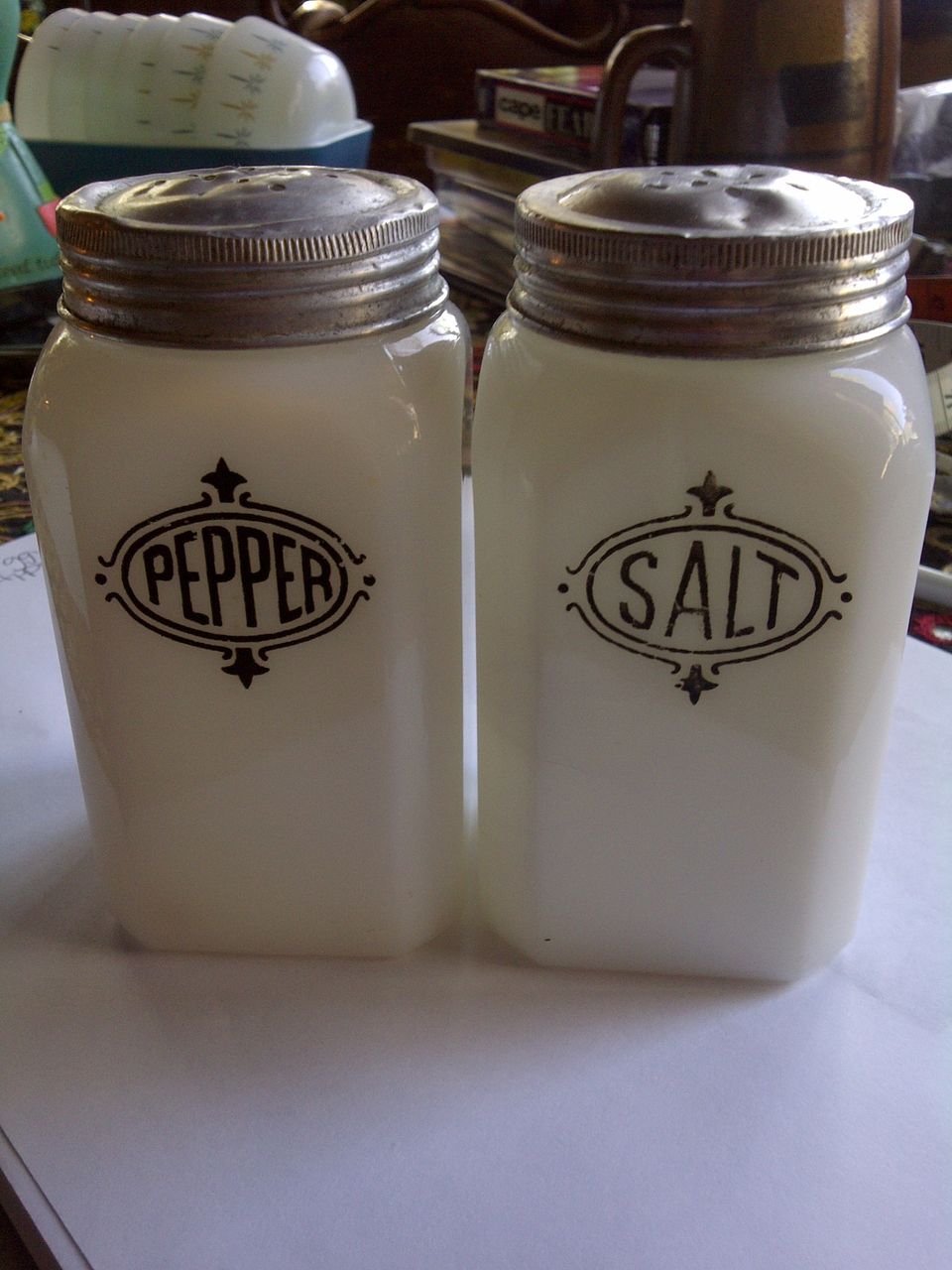 Salt and pepper set shakers in depression white Milk Glass Salt and pepper set shakers in depression white Milk Glass