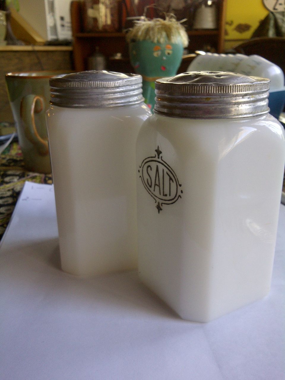 Salt and pepper set shakers in depression white Milk Glass Salt and pepper set shakers in depression white Milk Glass