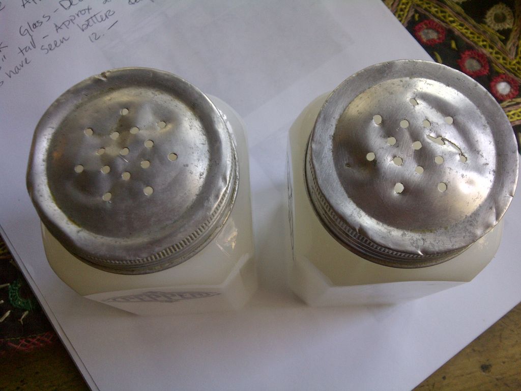 Salt and pepper set shakers in depression white Milk Glass Salt and pepper set shakers in depression white Milk Glass