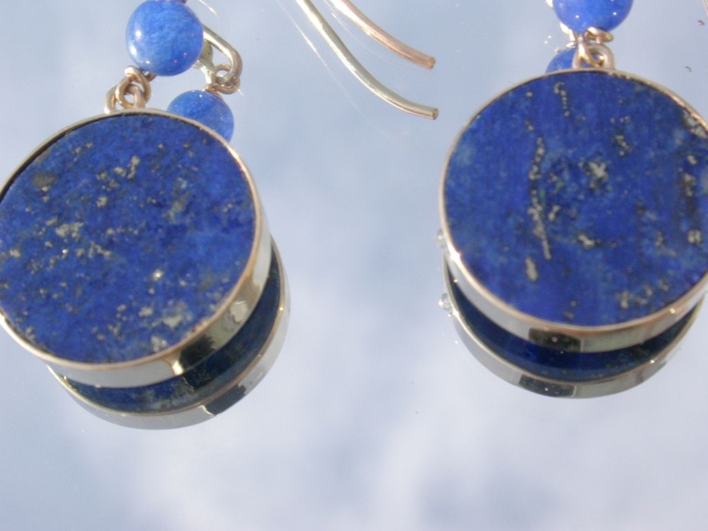 9kt Yellow Gold Lapis Bead and Round Disc Lapis Lazuli Dangle Earrings 9kt Yellow Gold Lapis Bead and Round Disc Lapis Lazuli Dangle Earrings