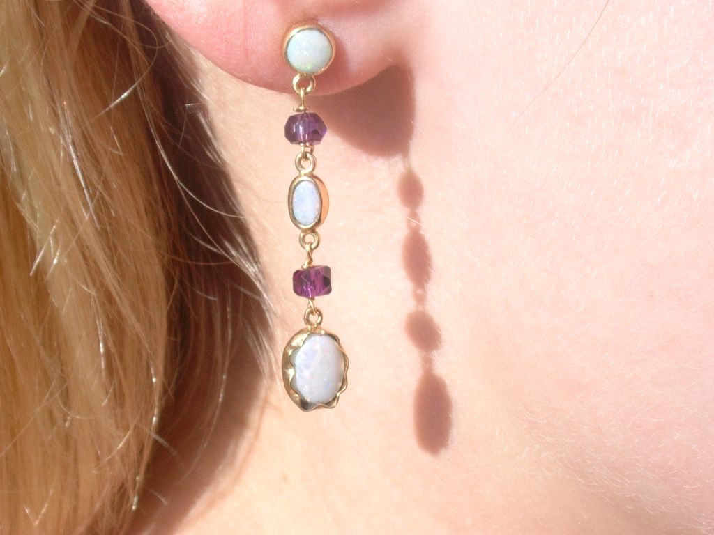 14kt: Dangling Fiery Multi Opal and Amethyst Earrings 14kt: Dangling Fiery Multi Opal and Amethyst Earrings