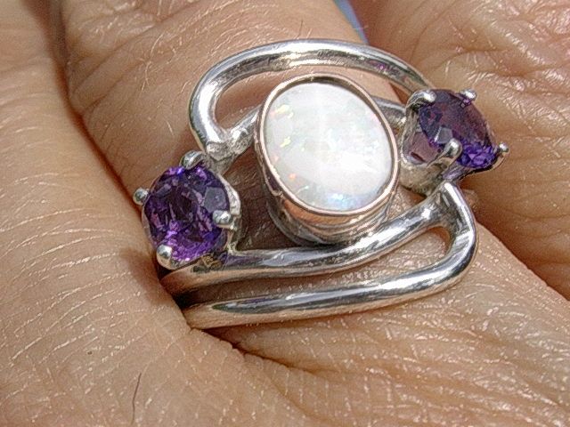 Sterling/9kt Gold Wire Wrap Opal and Amethysts Ladies Ring Sterling/9kt Gold Wire Wrap Opal and Amethysts Ladies Ring