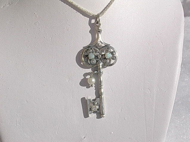 Sterling Opal/ Pearl Key Pendant with Chain Sterling Opal/ Pearl Key Pendant with Chain