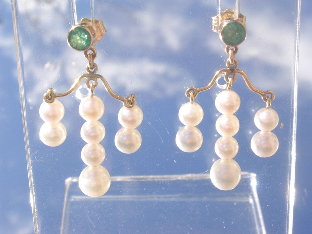 14kt Emerald/Cascading Freshwater Pearl Dangle Earrings 14kt Emerald/Cascading Freshwater Pearl Dangle Earrings