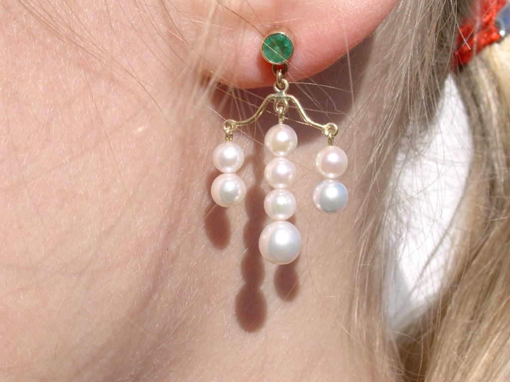 14kt Emerald/Cascading Freshwater Pearl Dangle Earrings 14kt Emerald/Cascading Freshwater Pearl Dangle Earrings