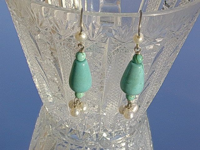 Sterling Multi Turquoise/Freshwater Pearl Dangle Earrings Sterling Multi Turquoise/Freshwater Pearl Dangle Earrings