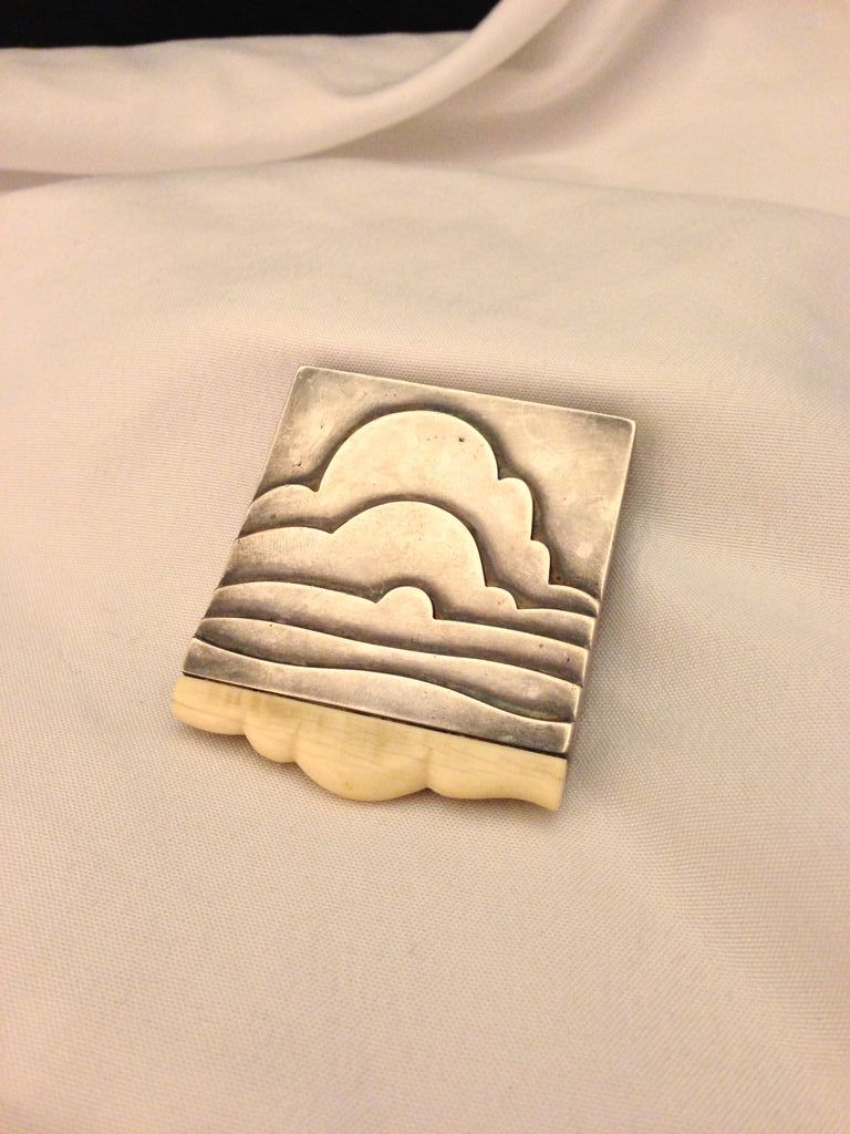 Rare American Modernist Olaf Skoogfors Sterling Ox bone Landscape Pin Brooch Rare American Modernist Olaf Skoogfors Sterling Ox bone Landscape Pin Brooch