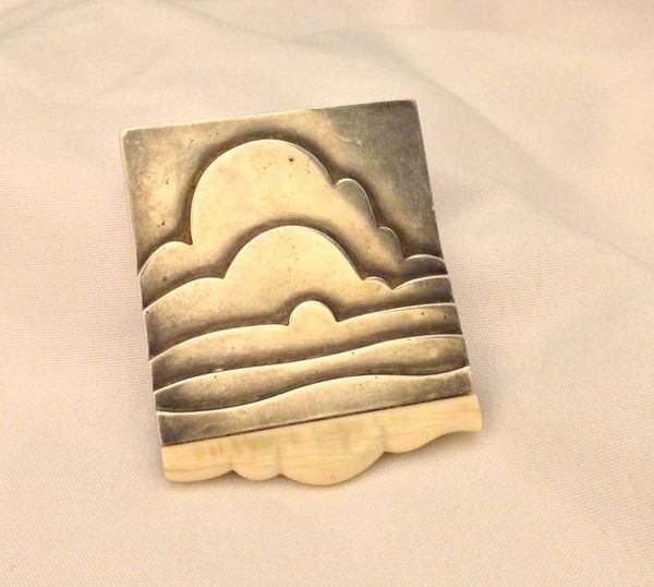Rare American Modernist Olaf Skoogfors Sterling Ox bone Landscape Pin Brooch Rare American Modernist Olaf Skoogfors Sterling Ox bone Landscape Pin Brooch