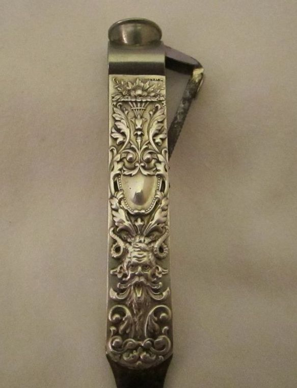 Unusual Art Nouveau Sterling Devil Faced Cigar Cutter Tool Unusual Art Nouveau Sterling Devil Faced Cigar Cutter Tool