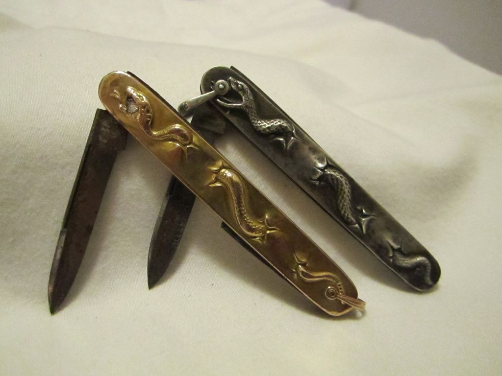Art Nouveau 10k Gold Krusius Sterling Silver Matching Figural Snake Pocket Knives Art Nouveau 10k Gold Krusius Sterling Silver Matching Figural Snake Pocket Knives