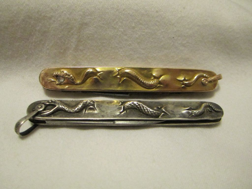Art Nouveau 10k Gold Krusius Sterling Silver Matching Figural Snake Pocket Knives Art Nouveau 10k Gold Krusius Sterling Silver Matching Figural Snake Pocket Knives