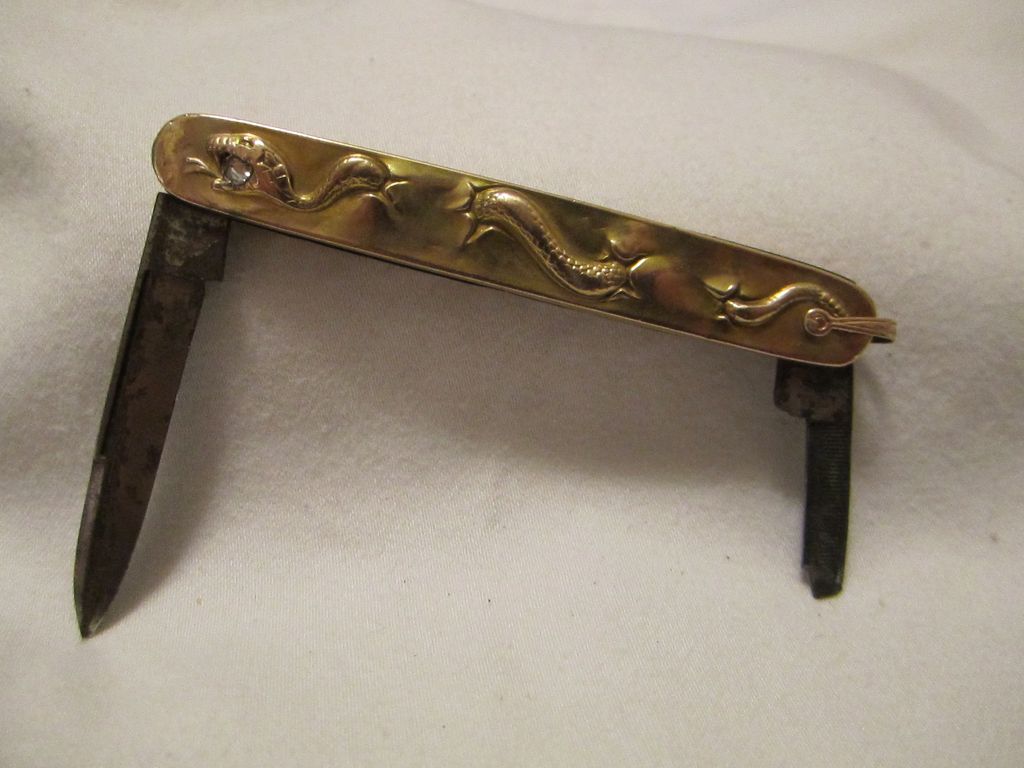 Art Nouveau 10k Gold Krusius Sterling Silver Matching Figural Snake Pocket Knives Art Nouveau 10k Gold Krusius Sterling Silver Matching Figural Snake Pocket Knives