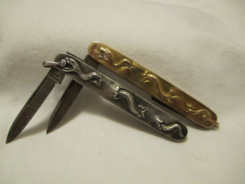 Art Nouveau 10k Gold Krusius Sterling Silver Matching Figural Snake Pocket Knives Art Nouveau 10k Gold Krusius Sterling Silver Matching Figural Snake Pocket Knives