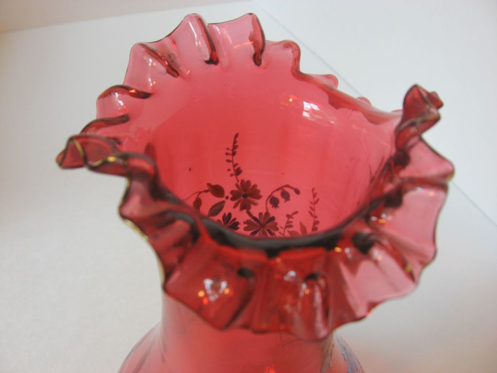 Elegant Hand Blown Hand Painted Cranberry Glass Vase with Ruffled Lip Elegant Hand Blown Hand Painted Cranberry Glass Vase with Ruffled Lip