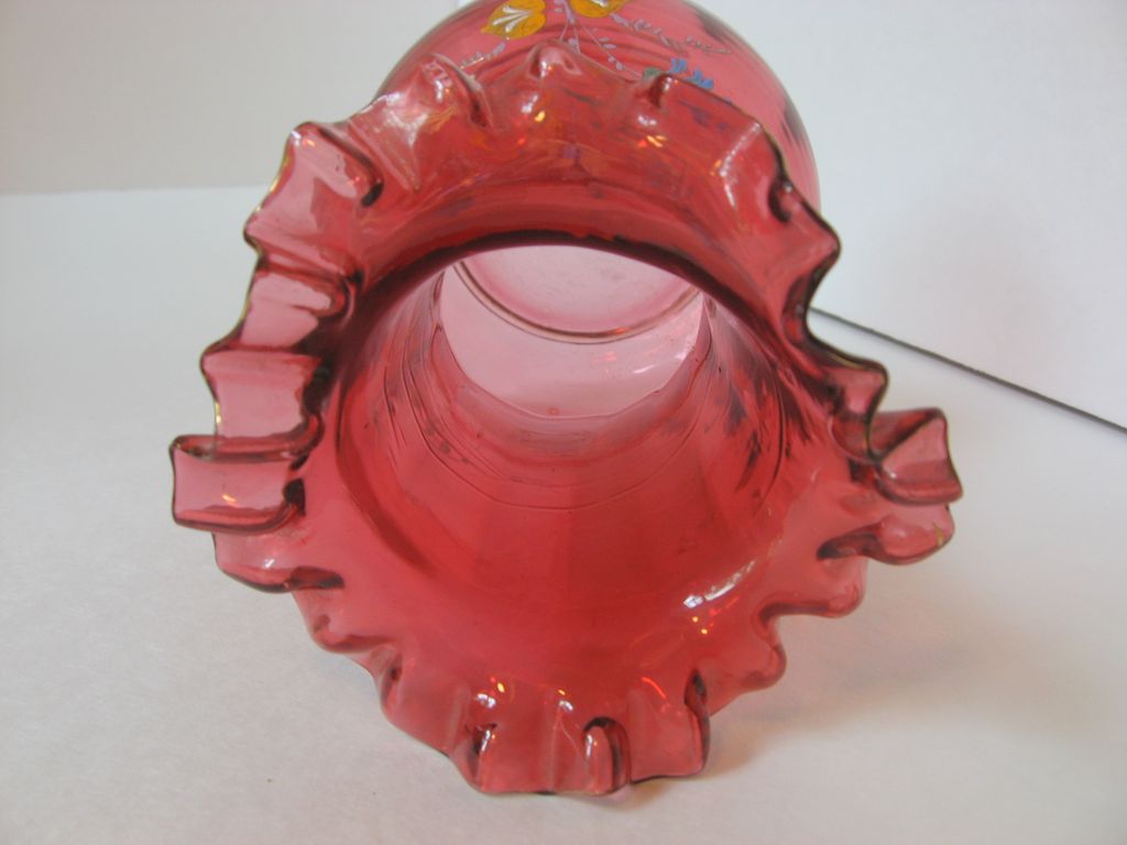 Elegant Hand Blown Hand Painted Cranberry Glass Vase with Ruffled Lip Elegant Hand Blown Hand Painted Cranberry Glass Vase with Ruffled Lip