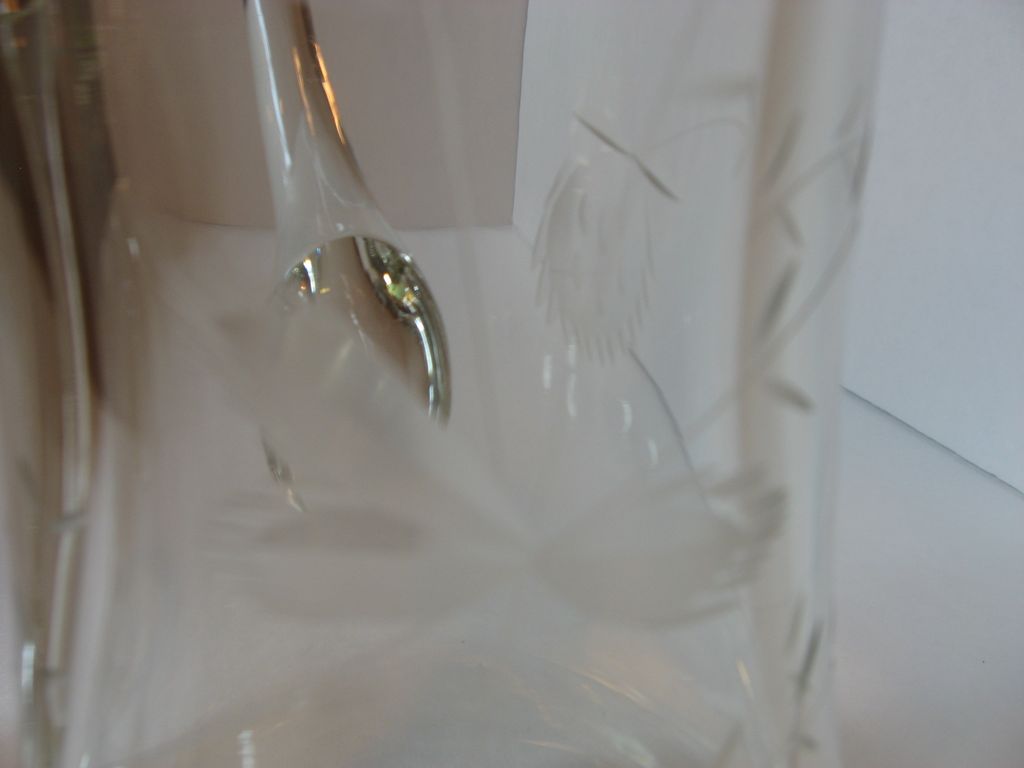 Glass Decanter, Stopper and Three Fluted Cordials with Etched Thistle Design Glass Decanter, Stopper and Three Fluted Cordials with Etched Thistle Design