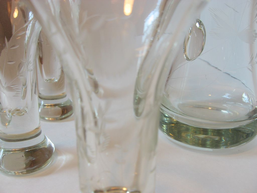 Glass Decanter, Stopper and Three Fluted Cordials with Etched Thistle Design Glass Decanter, Stopper and Three Fluted Cordials with Etched Thistle Design