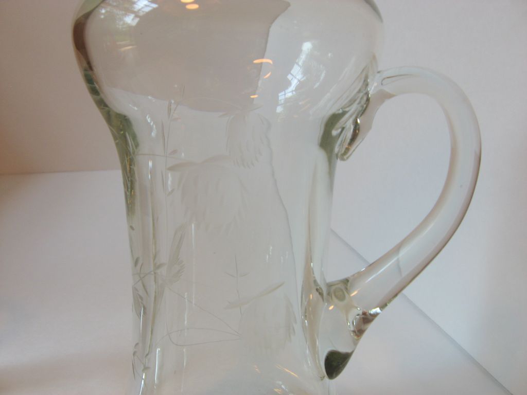 Glass Decanter, Stopper and Three Fluted Cordials with Etched Thistle Design Glass Decanter, Stopper and Three Fluted Cordials with Etched Thistle Design