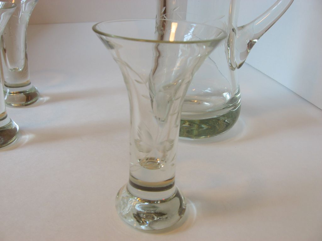 Glass Decanter, Stopper and Three Fluted Cordials with Etched Thistle Design Glass Decanter, Stopper and Three Fluted Cordials with Etched Thistle Design