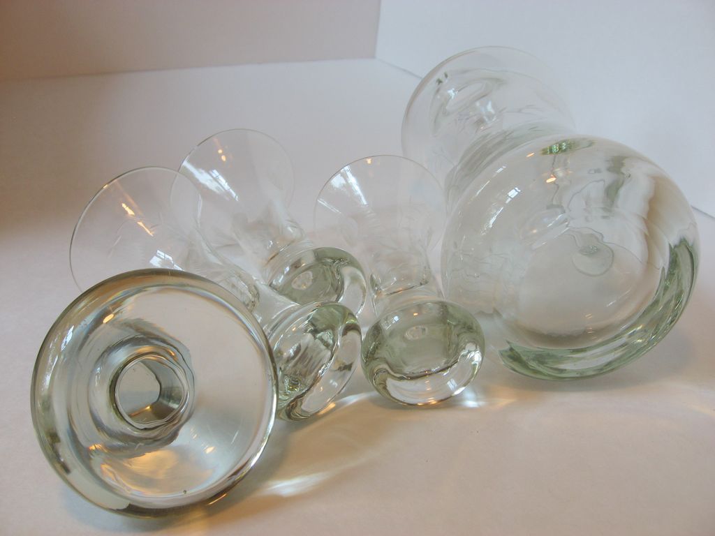 Glass Decanter, Stopper and Three Fluted Cordials with Etched Thistle Design Glass Decanter, Stopper and Three Fluted Cordials with Etched Thistle Design