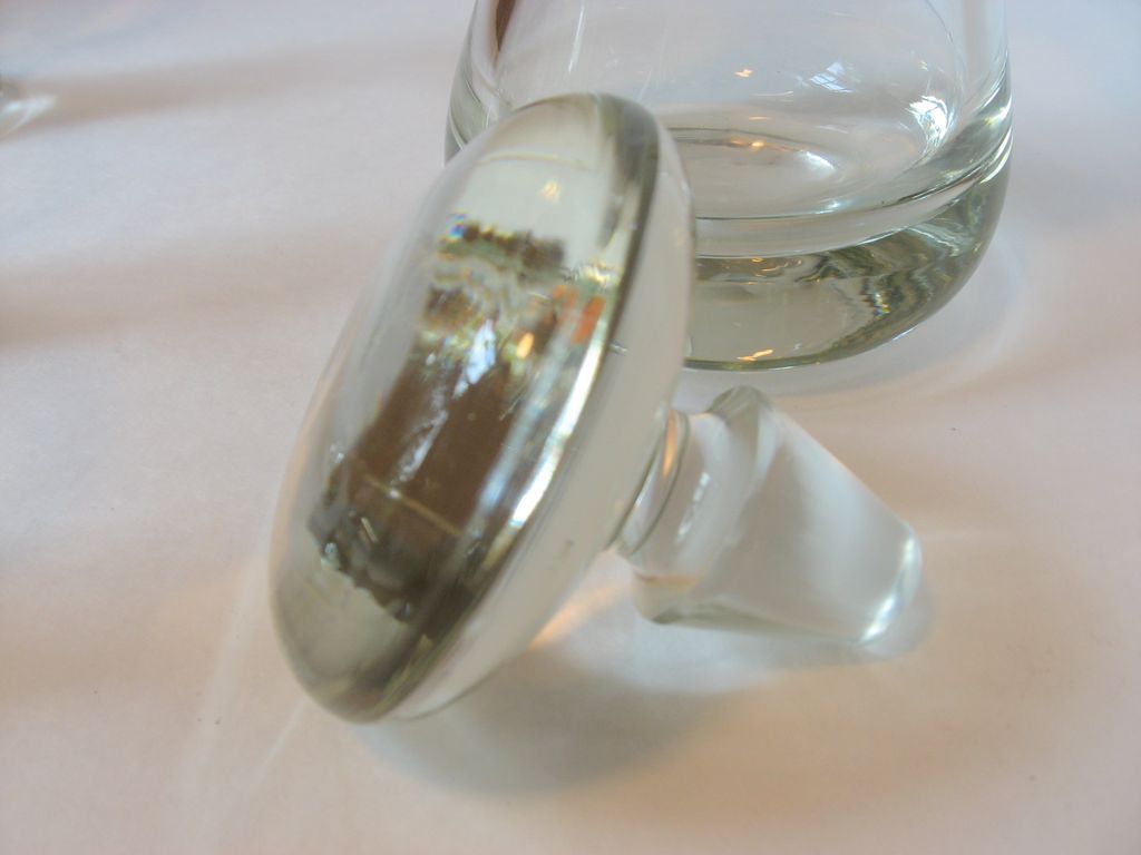 Glass Decanter, Stopper and Three Fluted Cordials with Etched Thistle Design Glass Decanter, Stopper and Three Fluted Cordials with Etched Thistle Design