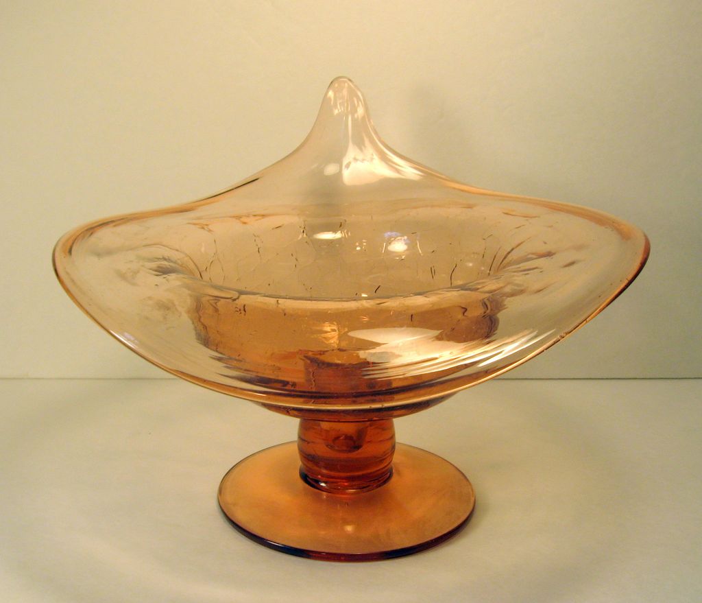 Hand Blown Pink Crackle Glass Footed Jack in the Pulpit Compote Hand Blown Pink Crackle Glass Footed Jack in the Pulpit Compote