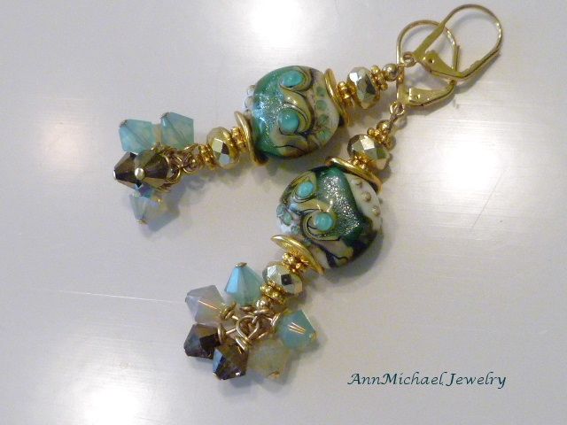 Green, Tan an Cream Lampwork Bead Earrings - Island Girl Green, Tan an Cream Lampwork Bead Earrings - Island Girl