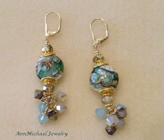 Green, Tan an Cream Lampwork Bead Earrings - Island Girl Green, Tan an Cream Lampwork Bead Earrings - Island Girl