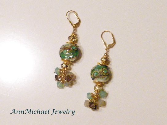 Green, Tan an Cream Lampwork Bead Earrings - Island Girl Green, Tan an Cream Lampwork Bead Earrings - Island Girl