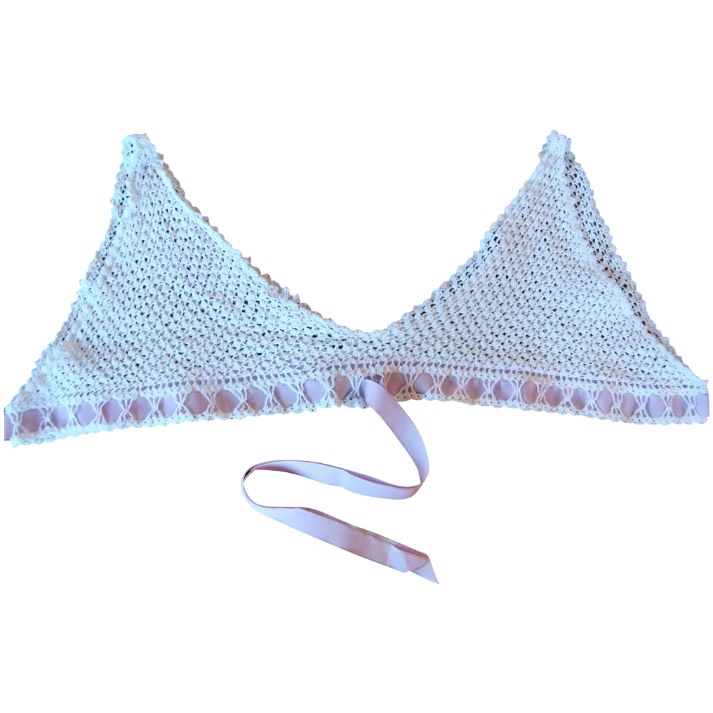 1900s Crochet yoke with lilac ribbon tie for corset cover or chemise 1900s Crochet yoke with lilac ribbon tie for corset cover or chemise