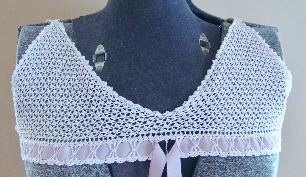 1900s Crochet yoke with lilac ribbon tie for corset cover or chemise 1900s Crochet yoke with lilac ribbon tie for corset cover or chemise