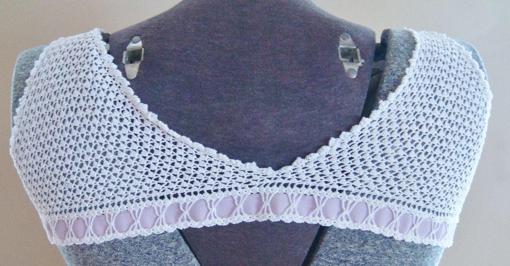 1900s Crochet yoke with lilac ribbon tie for corset cover or chemise 1900s Crochet yoke with lilac ribbon tie for corset cover or chemise