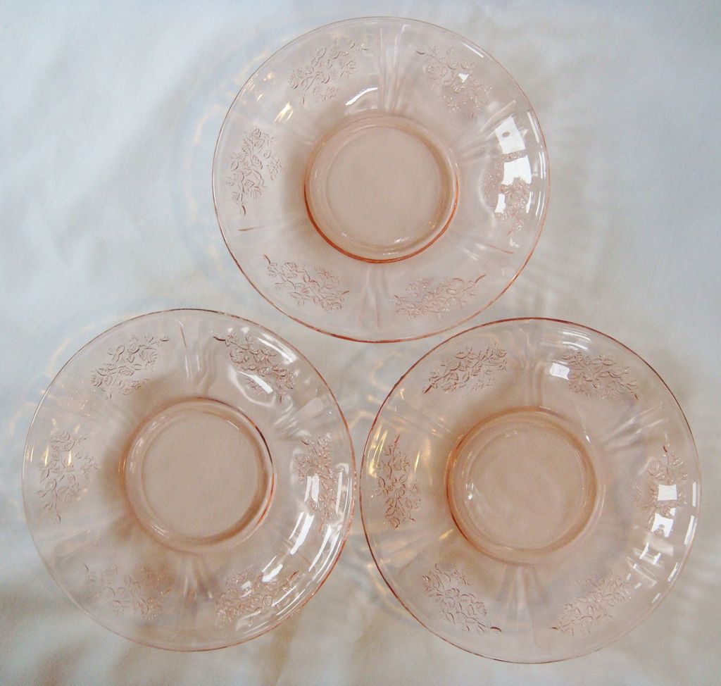 Rose Glow Pink Sharon or Cabbage Rose 3 Depression Glass Saucers Rose Glow Pink Sharon or Cabbage Rose 3 Depression Glass Saucers
